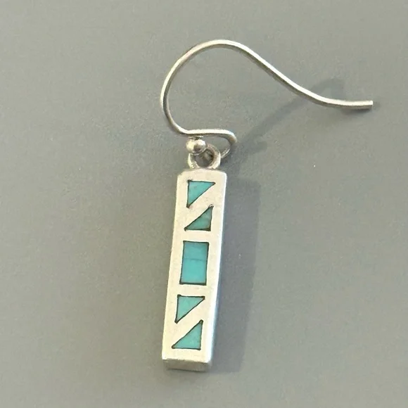 Southwestern Turquoise Inlay Sterling Silver Bar Drop Earrings - Picture 3 of 4